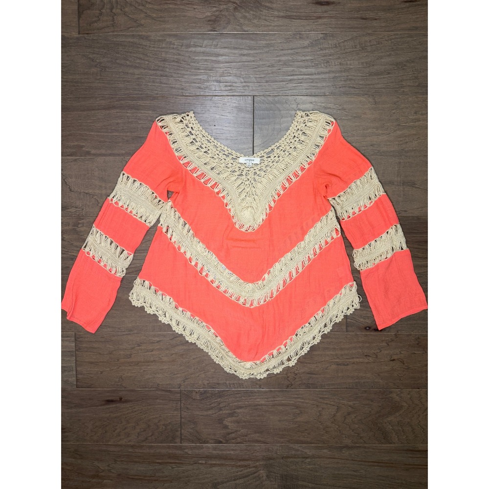 Umgee USA Coral‎ Orange Crochet Lace Tunic Top Boho Sharkbite Hem Medium A9654